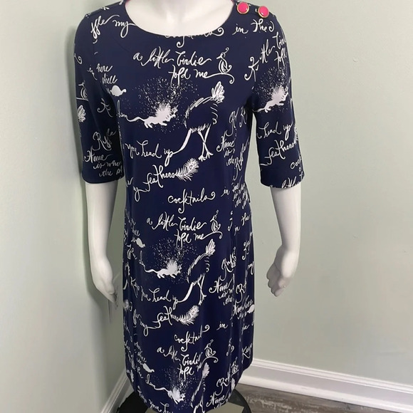 Lilly Pulitzer Navy Blue Pink Ruffle My Feather Script Print Dress Size Small - Picture 1 of 10